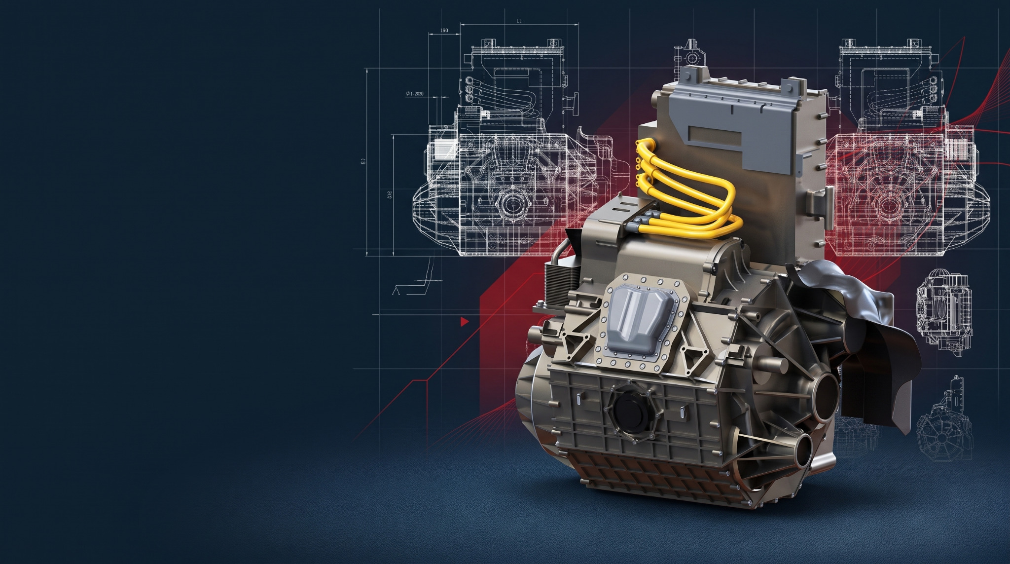 Mechanical engine assembly presented with CAD drawings and engineering linework